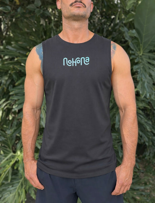 "Nohona Men's Flow Tank in Steel black breathable surf-inspired tank top for high-heat coastal living."