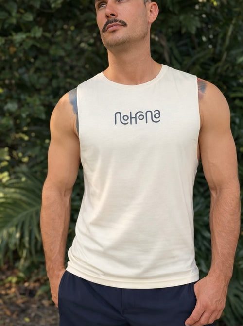 "Nohona Men's Flow Tank in Vanilla cream, premium minimalist men's gym and beach tank."